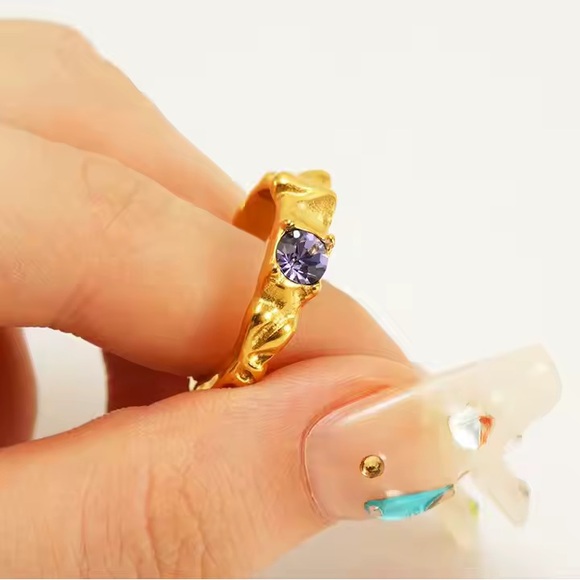 SOLD***18K Gold Plated Hammered Open Ring*Purple Birthstone December*Amethyst - Picture 2 of 2